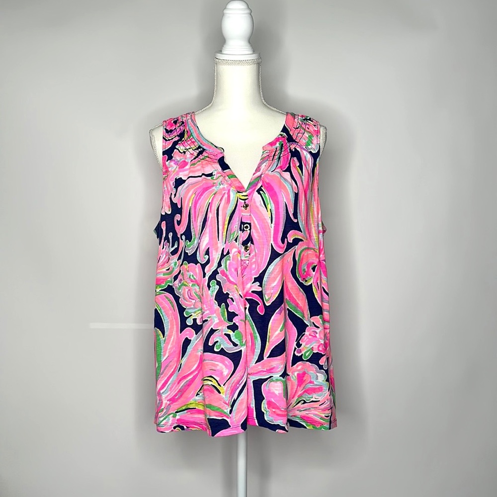 Lilly Pulitzer Pink Navy Floral Print Sleeveless Top